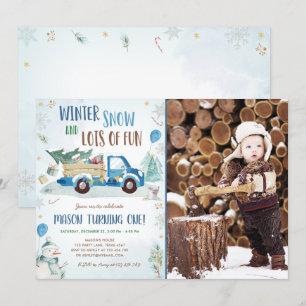 Convites Primeiro Aniversário do Winter Blue Truck Snow Bo