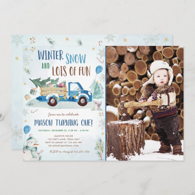 Convites Primeiro Aniversário do Winter Blue Truck Snow Boy (Frente/Verso)