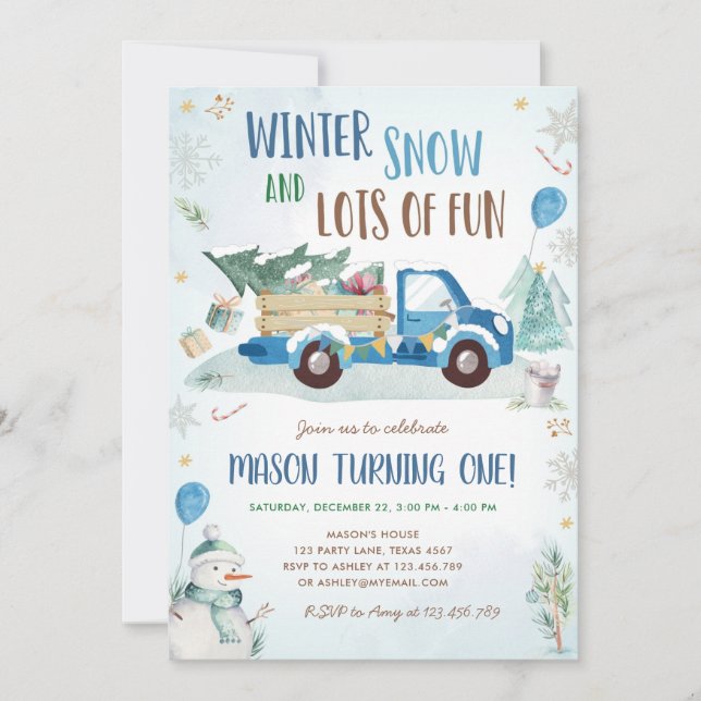 Convites Primeiro Aniversário do Winter Blue Truck Snow Boy (Frente)