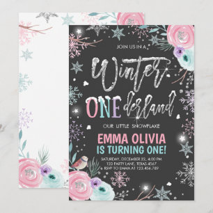 Convites Primeiro Aniversário do Winter ONE derland Pink S