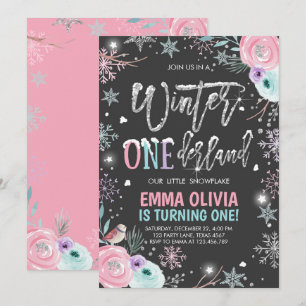 Convites Primeiro Aniversário do Winter ONE derland Pink S