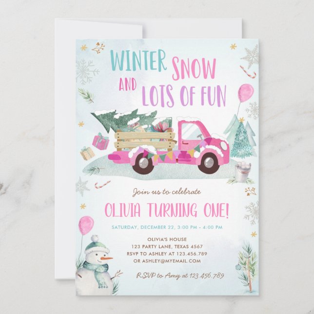 Convites Primeiro Aniversário do Winter Pink Truck Snow Fun (Frente)