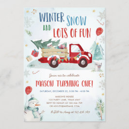 Convites Primeiro Aniversário do Winter Red Truck Snow Fun 