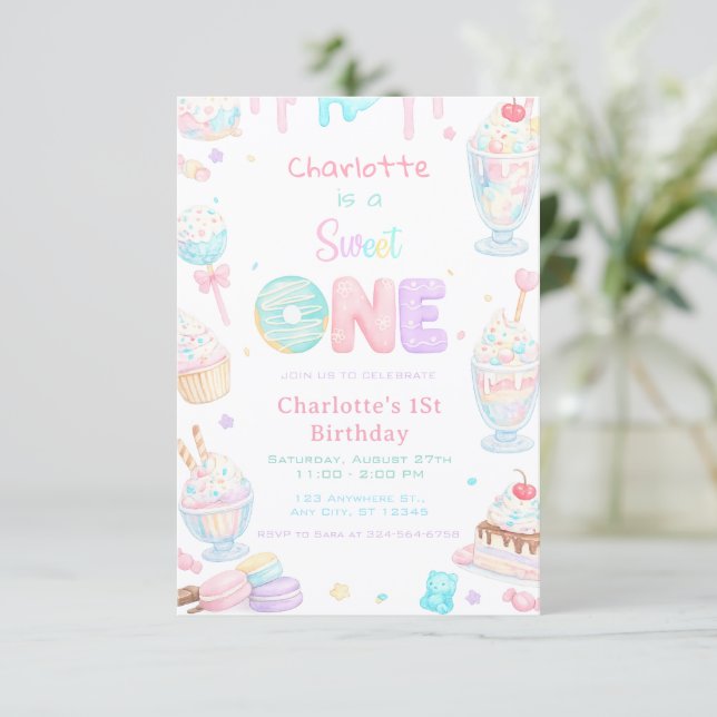 Convites Primeiro Aniversário Doce Um Festa Pastel (Em pé/Frente)