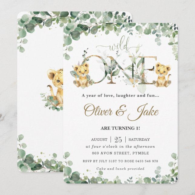 Convites Primeiro aniversario dos gêmeos dos Cubos de Leão  (Frente/Verso)