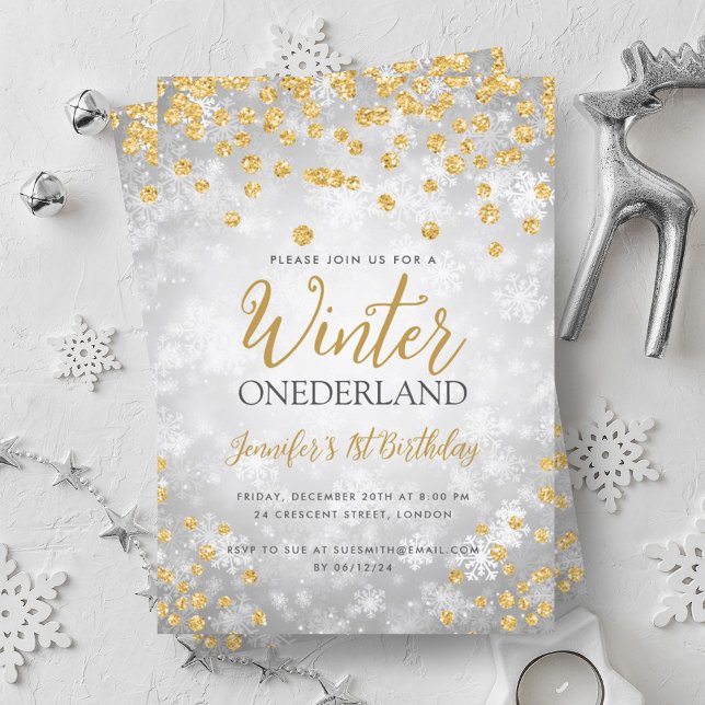 Convites Primeiro aniversario Dourada de Largura do inverno (Silver Gold Winter ONEDERLAND Glitter 1st Birthday Invitation)