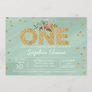 Convites Primeiro Aniversário, Dourada Glitter Confetti, ve