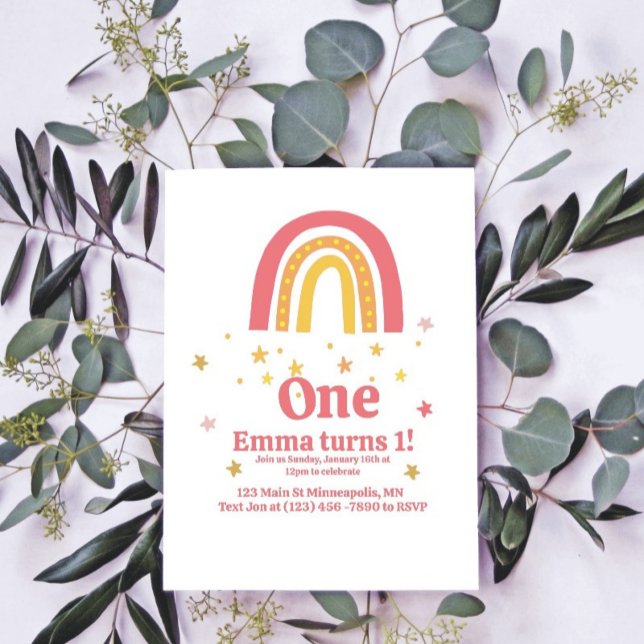 Convites Primeiro aniversario Dourado arco-íris rosa (Criador carregado)