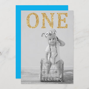 Convites Primeiro aniversario Dourado com fotografia simple