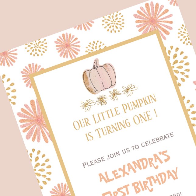 Convites Primeiro aniversario Dourado de Halloween cor-de-r (Halloween-1st-birthday-Invitation-Pumpkin-Floral-Pink-Gold-1)