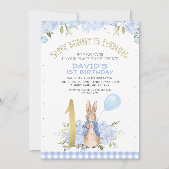 Convites primeiro aniversario Dourado de Peter Rabbit Flora (Frente)