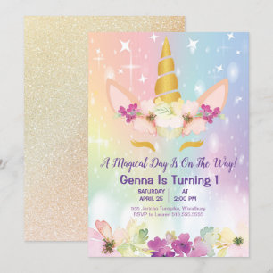Convites Primeiro aniversario Dourado do Unicórnio Magical 