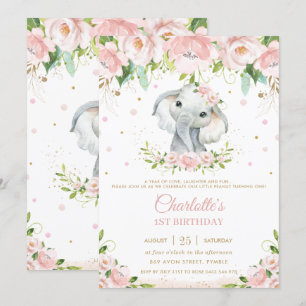 Convites Primeiro aniversario Dourado Floral Cor-de-rosa-pi