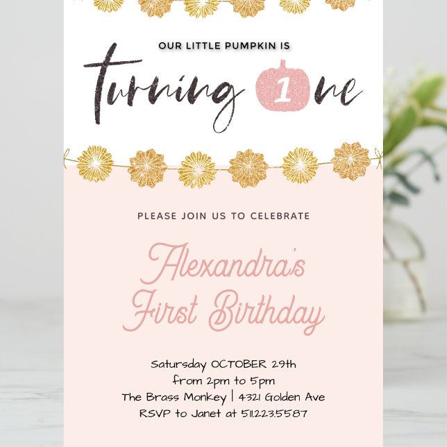 Convites Primeiro aniversario Dourado Floral de Halloween c (Halloween-1st-birthday-Invitation-Pumpkin-Pink-Gold-Floral-1)