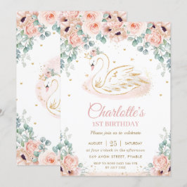 Convites primeiro aniversario Dourado Floral Rosa e Princes