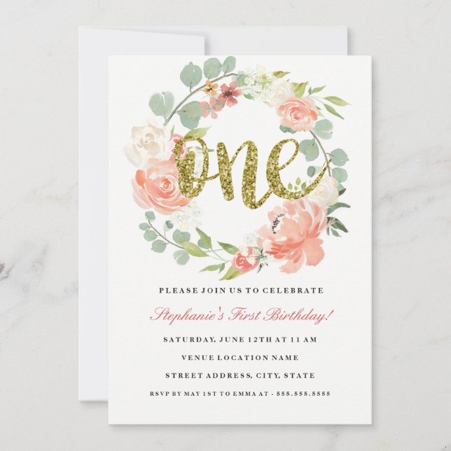 Convites Primeiro Aniversário, Dourado Fofo Floral, Rosa (Frente)