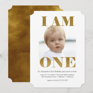 Convites primeiro aniversario Dourado moderno "EU SOU UM"
