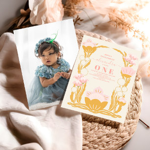 Convites Primeiro aniversario Dourado Rosa Floral