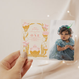 Convites Primeiro aniversario Dourado Rosa Floral