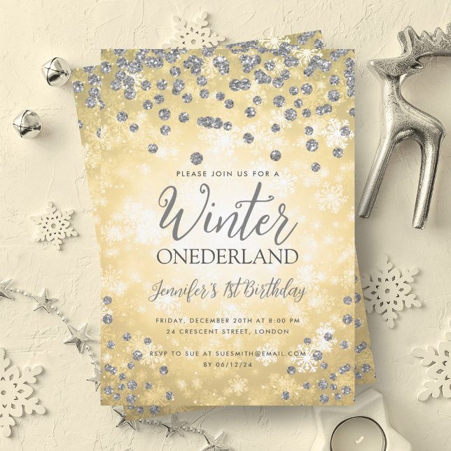 Convites primeiro aniversario Dourado Silver Winter ONEDERL (Gold Silver Winter ONEDERLAND 1st Birthday Invitation)