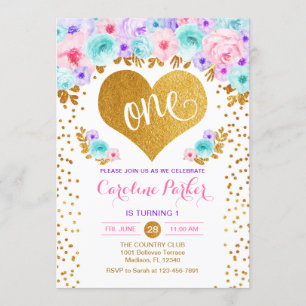 Convites primeiro aniversario - Dourado Teal Roxo-Rosa