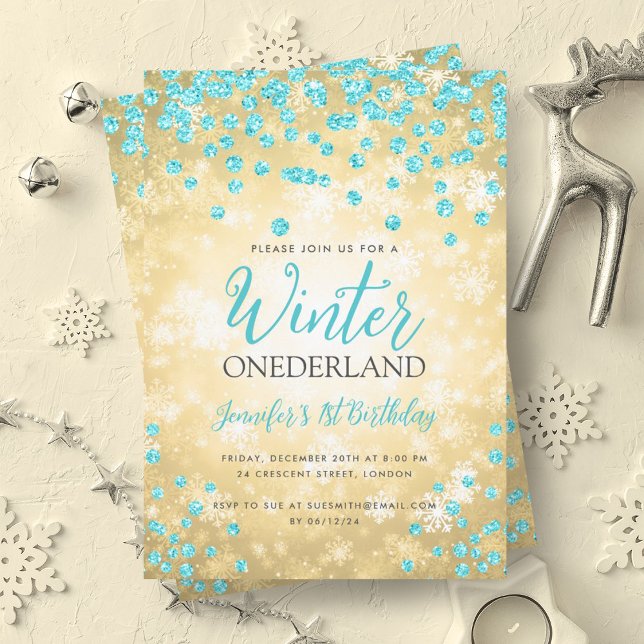 Convites primeiro aniversario Dourado Turquoise Winter ONED (Gold Turquoise Winter ONEDERLAND 1st Birthday Invitation)