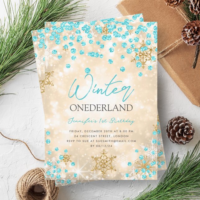 Convites primeiro aniversario Dourado Turquoise Winter ONED (Gold Turquoise Winter ONEDERLAND 1st Birthday Invitation)