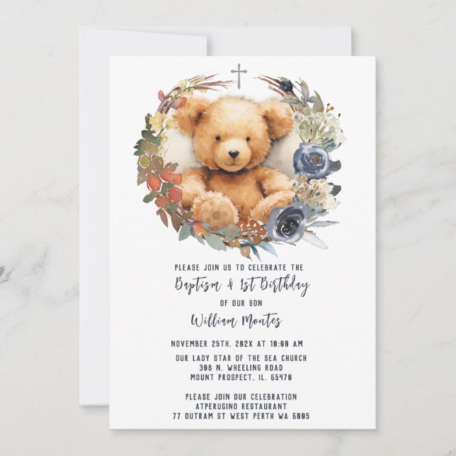Convites Primeiro Aniversário e Batismo do Menino Urso (Frente)