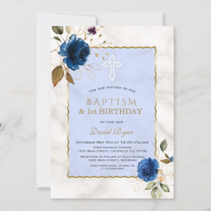 Convites Primeiro aniversario e batismo Dourado Floral Azul