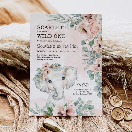 Convites Primeiro aniversario Elefante Blush Floral Eucalyp