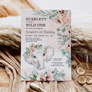 Convites Primeiro aniversario Elefante Blush Floral Eucalyp