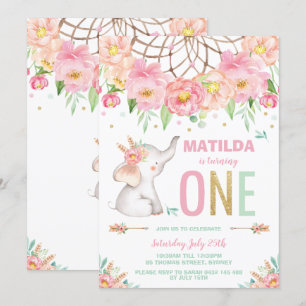 Convites Primeiro aniversario Elefante Boho Rosa Moça Flora