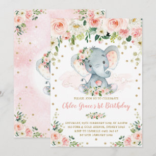 Convites Primeiro aniversario Elegante Blush Floral Elephan