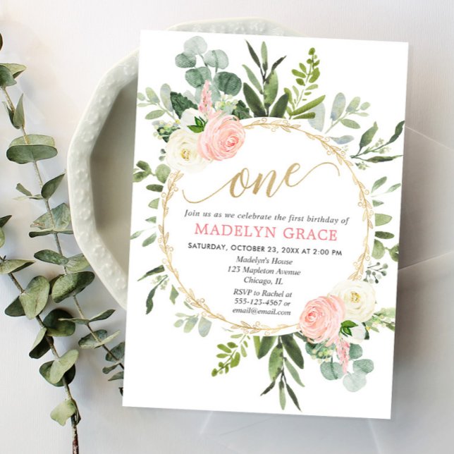 Convites Primeiro aniversario elegante de ouro rosa verde (Criador carregado)