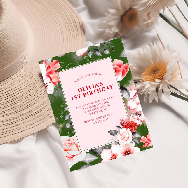 Convites Primeiro aniversario Elegante Floral Girls (Criador carregado)