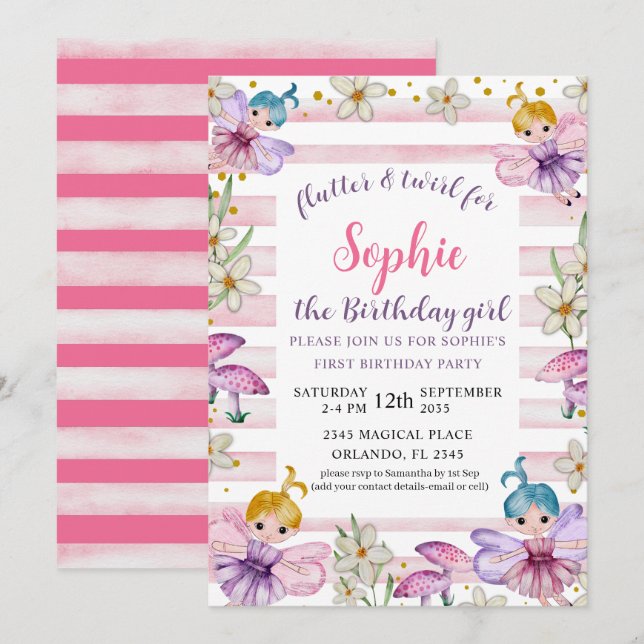 Convites Primeiro Aniversário Fada Princesa Rosa & Dourado (Frente/Verso)