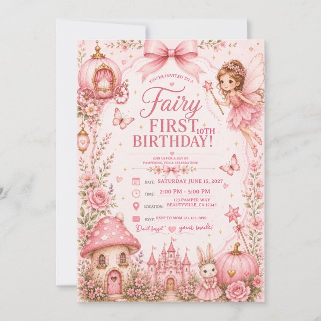 Convites primeiro aniversário fada rosa (Frente)