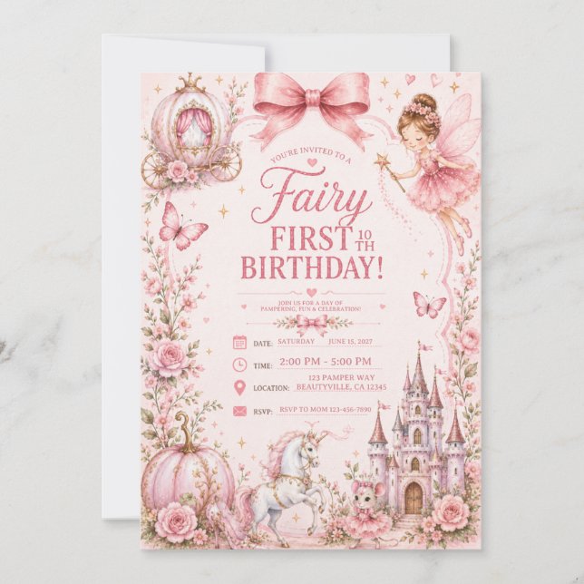 Convites primeiro aniversário fada rosa (Frente)