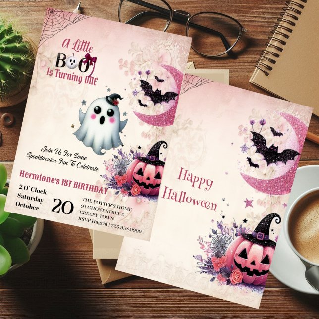 Convites Primeiro aniversario Fantasma de Jack Rosa Pequeno (Little Boo Pink Jack Halloween Ghost 1st Birthday Invitation)