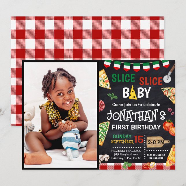 Convites Primeiro aniversario Fatia Fatia de Pizza Bebê (Frente/Verso)