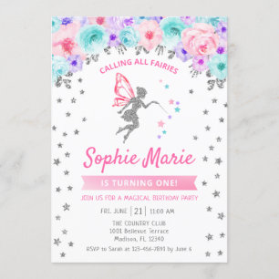 Convites Primeiro aniversario feericamente - rosa roxo da