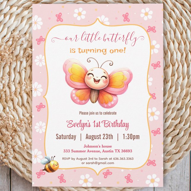 Convites Primeiro aniversario Feliz da Borboleta Rosa Rosa- (Cute Happy Butterfly Pink Floral Girl 1st Birthday Invitation)