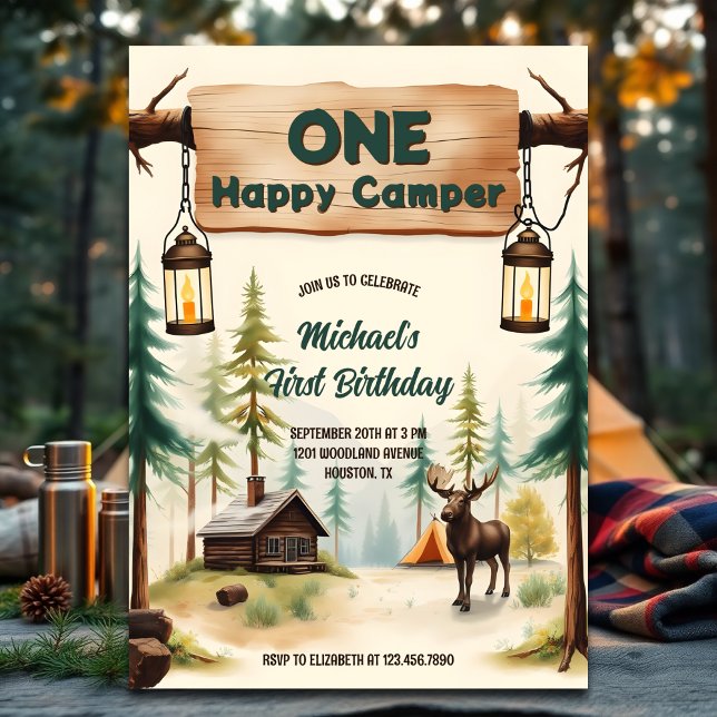 Convites Primeiro aniversario Feliz de Campanha do Menino U (One Happy Camper 1st Birthday Invitation – Rustic Woodland Camping Theme for Boy)