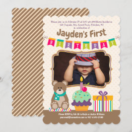 Convites Primeiro aniversario Feliz, Teddybear, Cupcake Bun