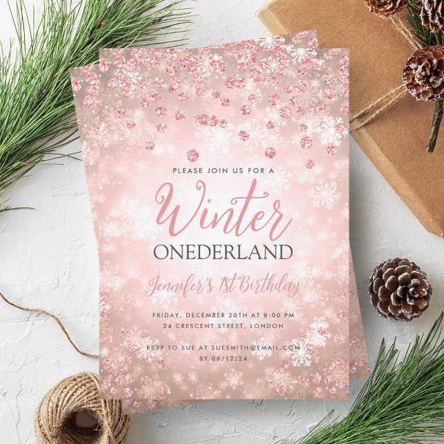 Convites Primeiro aniversario fesRosa Dourada de inverno ON (Festive Rose Gold Winter ONEDERLAND 1st Birthday Invitation)