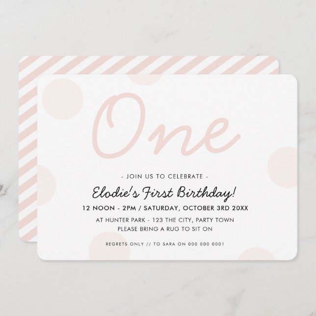 Convites primeiro aniversario FESTA bebê rosa menina UM bol (Frente/Verso)