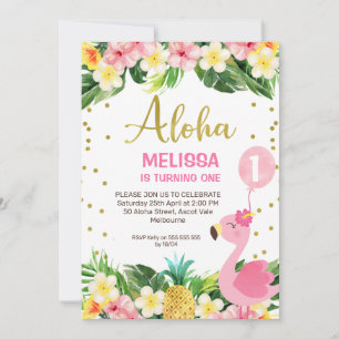 Convites primeiro aniversario Flamingo Dourado Aloha Floral