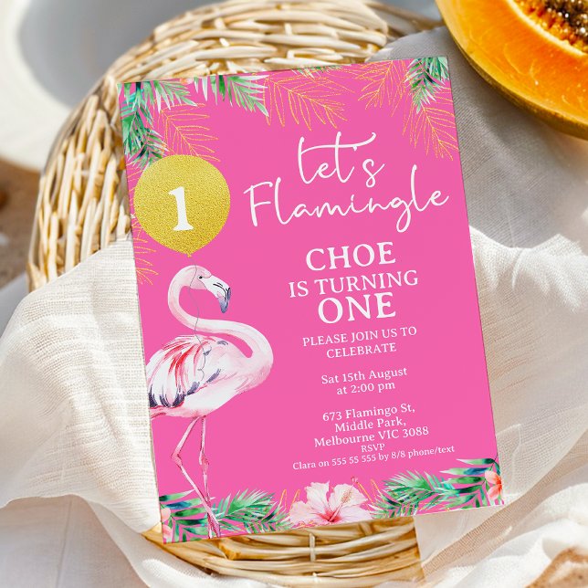 Convites Primeiro aniversario Flamingo Flamingo, cor-de-ros (Pink Lets Flamingle 1st Birthday Invitation Template, Printable Pink Flamingo Birthday Invitation )