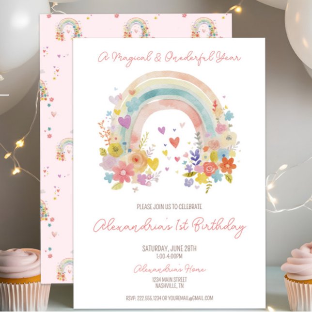 Convites Primeiro aniversario Floral Arco-Íris Rosa Pastel (Celebrate a magical, whimsical first birthday with a boho floral, pastel rainbow invitation! )