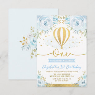 Convites Primeiro aniversario floral azul Pastel do balão